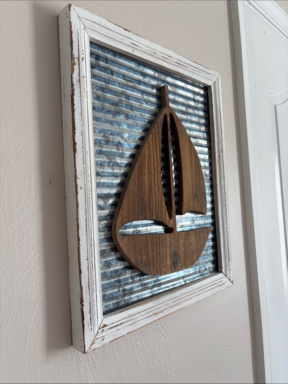 Coastal Wooden Sailboat Wall Art - Brown & Blue - Picture 2 of 5